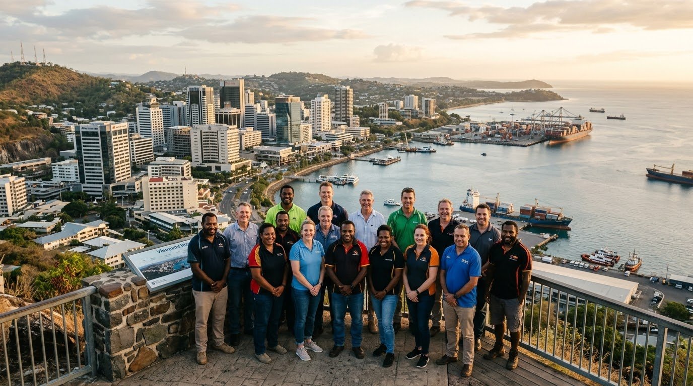 The Proceed Trading team overlooking Port Moresby at sunset