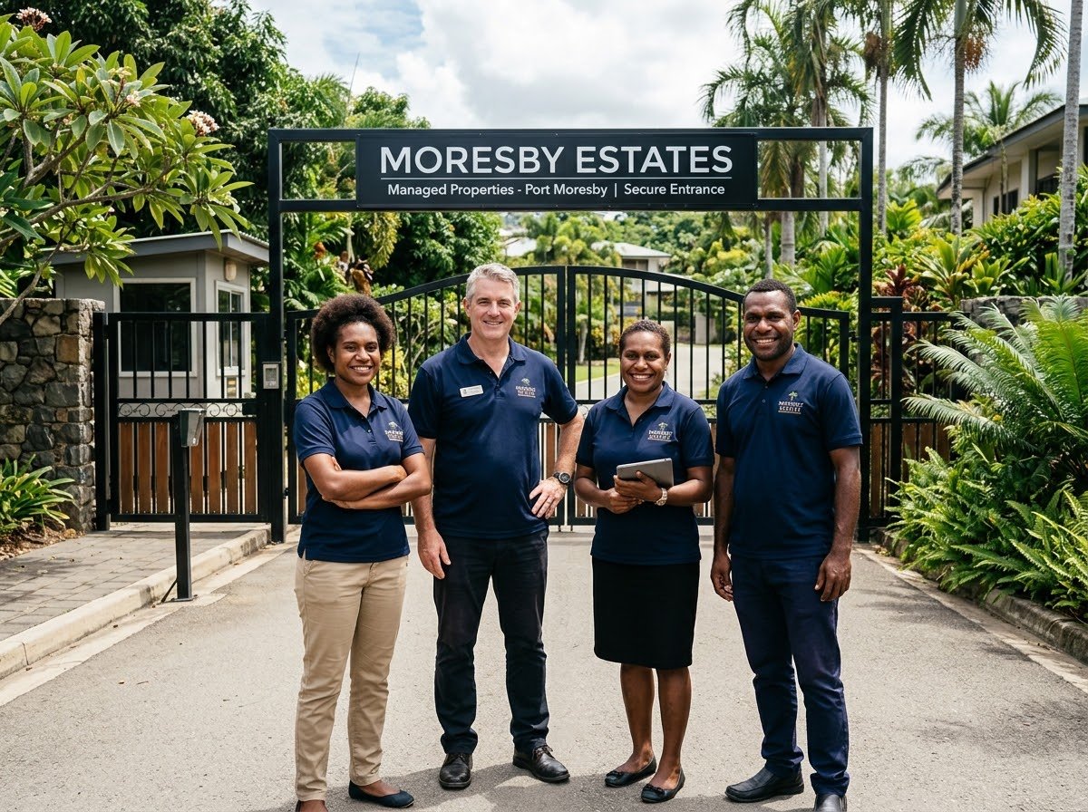 The Proceed Trading team standing together at a managed property gate in Port Moresby