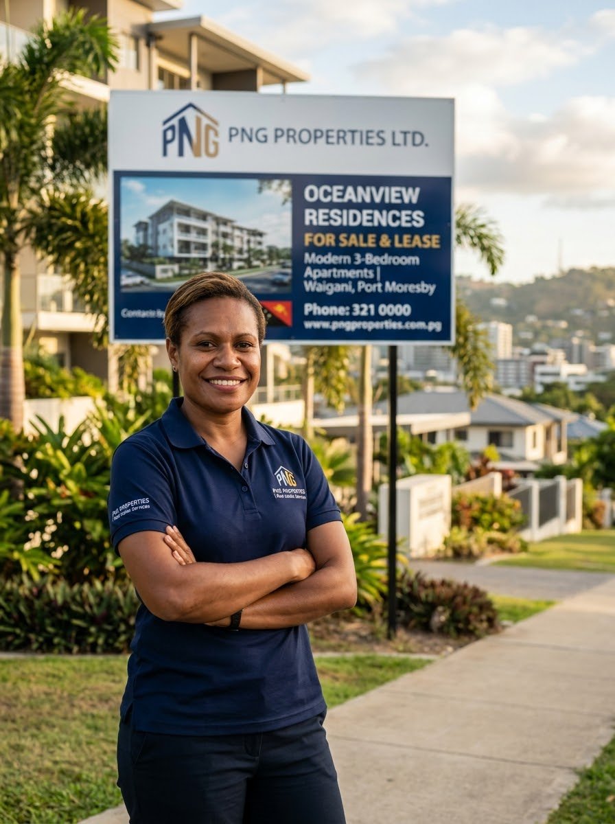 Proceed Trading agent standing in front of a for-sale property signboard in Port Moresby