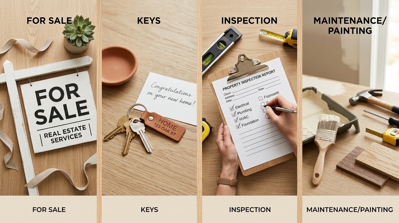 For sale sign, keys, inspection clipboard and maintenance tools laid out, representing the property services lifecycle