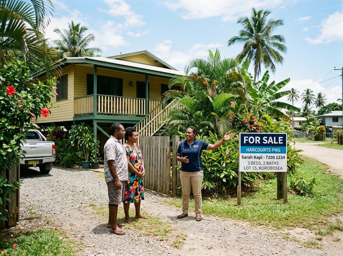 Proceed Trading agent showing a for-sale property to a couple in Port Moresby
