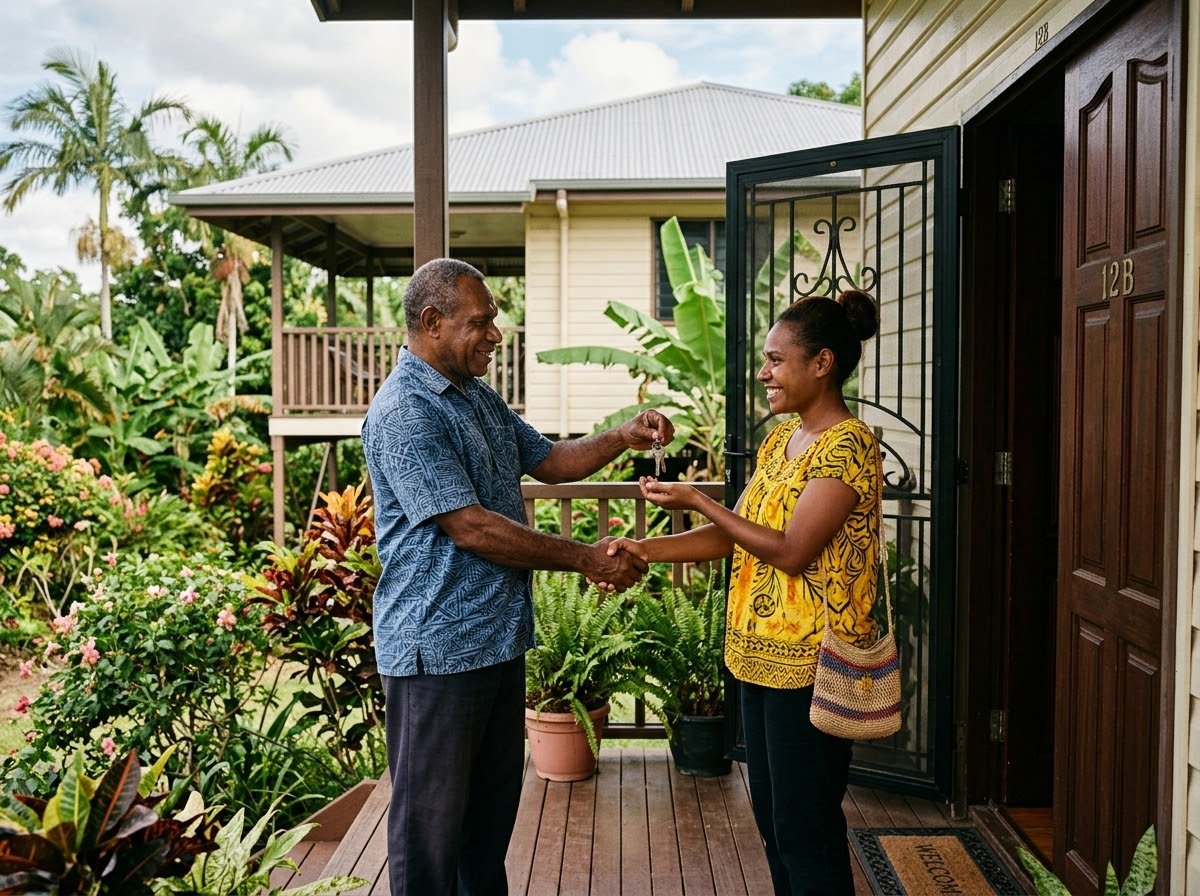 Landlord handing over keys to a new tenant at a Port Moresby home