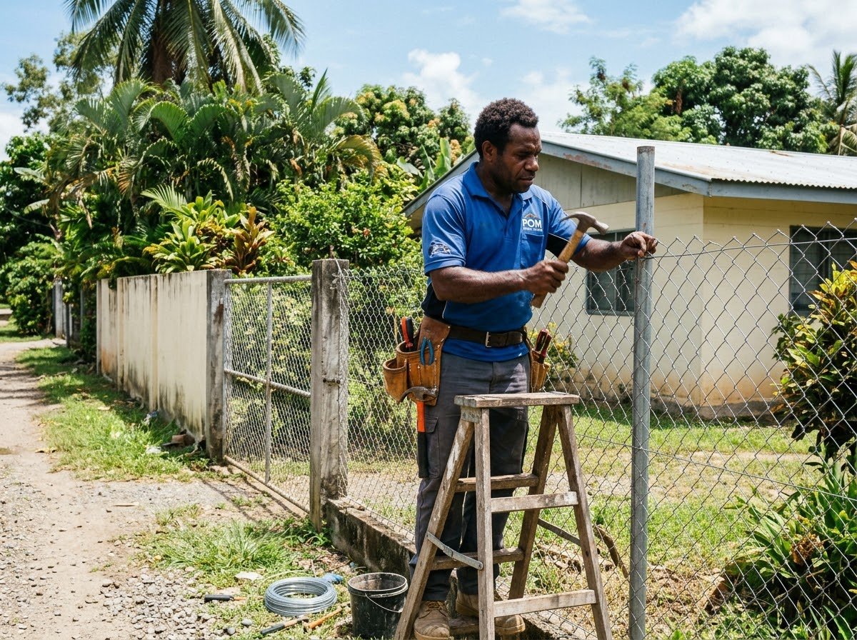 Maintenance worker repairing a fence at a Port Moresby property